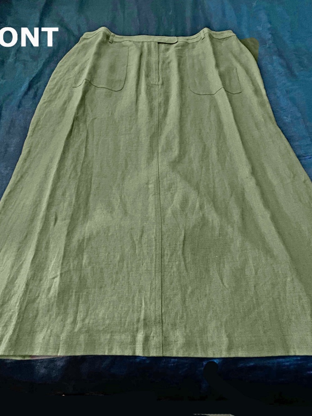 SKIRT, 100% LINEN, OLIVE, SIZE 24, FRONT FLY, 4 POCKETS, BELT LOOPS, BLOOMINGDAL